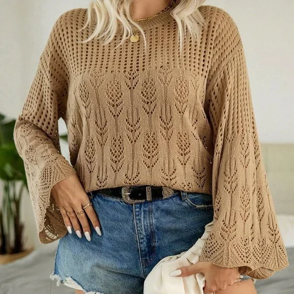 Khaki Casual Womens Pointelle Knit Flare Sleeve Sweater - Picture 3 of 5